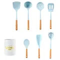 Light blue silicone kitchen utensil set with wooden handles and storage canister - 7-Piece Set