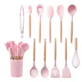 11-piece pink silicone kitchen utensil set with wooden handles and storage bucket - 11-Piece Set (Large Bucket) / Pink