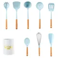 Light blue silicone kitchen utensil set with natural wooden handles and storage bucket - 8-piece Set