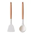 White silicone kitchen utensils with wooden handles, turner spatula and soup ladle - 2-Piece Turner and Spoon Set (Light Version)
