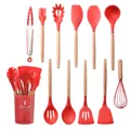 11-piece red silicone kitchen utensil set with natural wooden handles and storage bucket - 11-Piece Set (Large Bucket) / Red