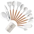 Set de 14 ustensiles de cuisine en silicone blanc avec manches en bois et support de rangement - Ensemble de Cuisine 14 Pièces (Boîte)