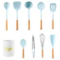 Blue silicone kitchen utensils set with wooden handles and storage bucket - 9-Piece Set