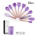 11-piece purple silicone kitchen utensil set with wooden handles and storage bucket - Purple