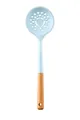 Professional light blue silicone slotted spoon with a natural wooden handle, kitchen skimmer - Skimmer / Blue