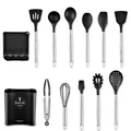 Ensemble de 11 ustensiles de cuisine en silicone noir avec manches en inox et pot de rangement - Ensemble de 11 Pièces B