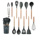 11-piece dark grey silicone kitchenware set with wooden handles and storage bucket - Dark Gray