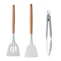 White silicone kitchen utensils with wooden handles: slotted spatula, turner, and tongs - 3-Piece Spatula and Tongs Set (Light Version)
