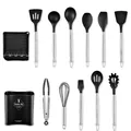 Ensemble complet de 11 ustensiles de cuisine en silicone noir avec manches en inox et pot - Ensemble de 11 Pièces A