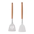 White silicone kitchen spatula and slotted turner set with ergonomic wooden handles for cooking - 2-Piece Frying Spatula Set (Light Version)