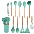 11pcs mint green silicone kitchen utensil set with natural wooden handles and bucket. - Forest Green