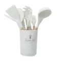 White silicone kitchen utensil set with wooden handles in a storage bucket - Cream