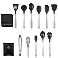 12-piece black silicone kitchen utensil set with stainless steel handles and holder - 11-Piece Set A / Khaki