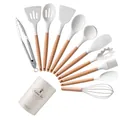 Set de 11 ustensiles de cuisine en silicone blanc avec manches en bois et pot de rangement - Ensemble de Cuisine 12 Pièces (Boîte)
