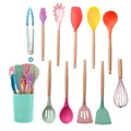 11-piece multi-color silicone kitchen utensil set with wooden handles and bucket - Colorful