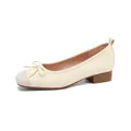 Elegant cream French style ballet flats with decorative bow detail and low block heel - Apricot / 39
