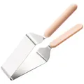Stainless steel triangle cake cutter and tongs with pink handles on white background - Apricot