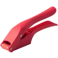 Ergonomic red 2-in-1 manual garlic press and slicer for efficient kitchen prep - Red