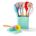 Colorful 12-piece silicone kitchen utensil set with wooden handles and storage bucket - 12pcs Set / Colorful
