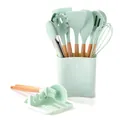 12pcs mint green silicone kitchen utensil set with wooden handles and storage holder - Light Green