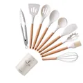 Set professionnel de 11 ustensiles de cuisine en silicone blanc avec manches en bois - Ensemble de Cuisine 10 Pièces B (Boîte)