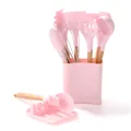 12-piece pink silicone kitchen utensil set with wooden handles and storage bucket - Pink