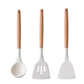 Juego de utensilios de cocina de silicona blanca con mangos de madera: cazo y espátulas - Set de tres piezas / Blanco