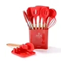 12-piece red silicone kitchen utensil set with wooden handles and storage bucket - 12pcs Set / Red
