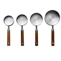 Set of four professional stainless steel measuring cups with walnut wood handles. - Silver Tone Measuring Cup (4-Piece)
