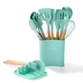 12-piece mint green silicone kitchen utensil set with wooden handles and storage bucket - 12pcs Set / Forest Green