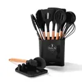 Premium 12pcs black silicone kitchen utensil set with wooden handles and storage bucket - Black