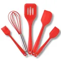Professional 5-piece red silicone baking tool set with whisk, spatulas, and oil brush - Five-Piece Set / Red