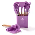 Premium 12-piece purple silicone kitchen utensil set with wooden handles and storage bucket - Purple