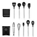 Set de 11 ustensiles de cuisine en silicone noir avec manches en acier 430 et support - Ensemble de 9 Pièces B