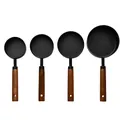 Black stainless steel measuring cups with wooden handles and etched scale markings - Black Measuring Cup Set of 4