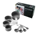 8-piece grey plastic measuring cup and spoon set featuring durable stainless steel handles - 8-Piece Set (With Color Box) / 8-piece Set / Gray