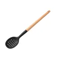 Professional black silicone slotted spoon with ergonomic natural wooden handle grip. - Black Slotted Spoon