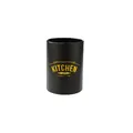 Black kitchen utensil holder crock with yellow Kitchen Life lettering on plain background - Storage Bucket In Kraft Box