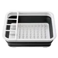 Modern collapsible grey and white dish drying rack featuring a built-in utensil holder - Grayish White