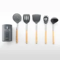 Grey 6-piece silicone kitchen utensil set with wooden handles and storage bucket - 6 Piece Color Box Set