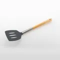 Dark grey silicone slotted turner with a natural wood handle and stainless steel neck - Slotted Spatula