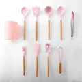 11-piece pink silicone kitchen utensil set with ergonomic beech wood handles and bucket - 9-Piece Set (With Bucket)