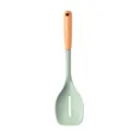 Mint green silicone slotted spoon with natural wooden handle for non-stick cookware. - Broad Scraper / Green