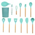 12-piece mint green silicone kitchen utensil set with wooden handles and a storage bucket - 12 Piece Set (With Holder)