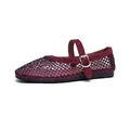 Elegant burgundy rhinestone mesh Mary Jane flats with breathable hollow design - 35 / Mesh Shoes (3328-1) / Burgundy