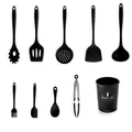 Set di 9 utensili da cucina in silicone nero resistente al calore con secchiello portaoggetti - Set Nero / Set da 9 Pezzi / Nero