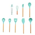Set van groene siliconen keukengerei met natuurlijke houten handvaten op wit decor - 9-piece set B (excluding storage bucket)