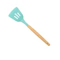 Teal silicone slotted spatula with heat-resistant wood handle for non-stick pans. - Slotted Spatula