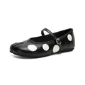 Black and white polka dot split-toe Tabi Mary Jane flat shoes with buckle strap. - 35 / Black Polka Dot