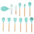 12-delige muntgroene siliconen keukengerei set met hittebestendige houten handvaten - 12-piece set (excluding storage bucket)